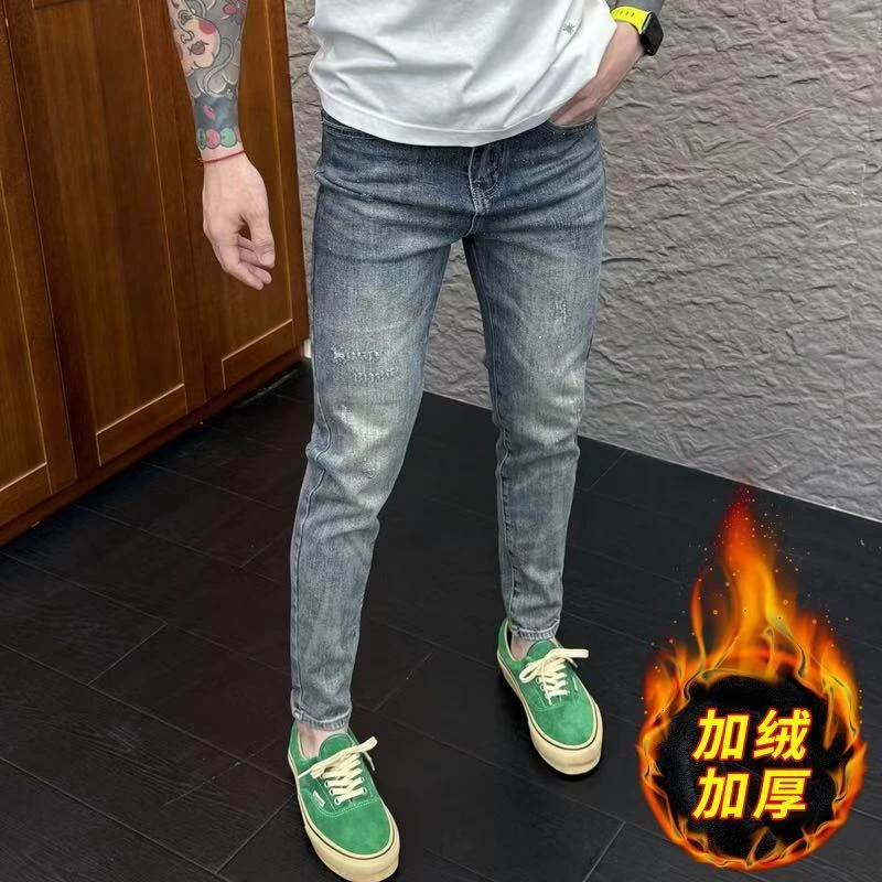2025秋冬新款加绒时尚休闲百搭复古做旧亮钻修身九分烫钻男牛仔裤