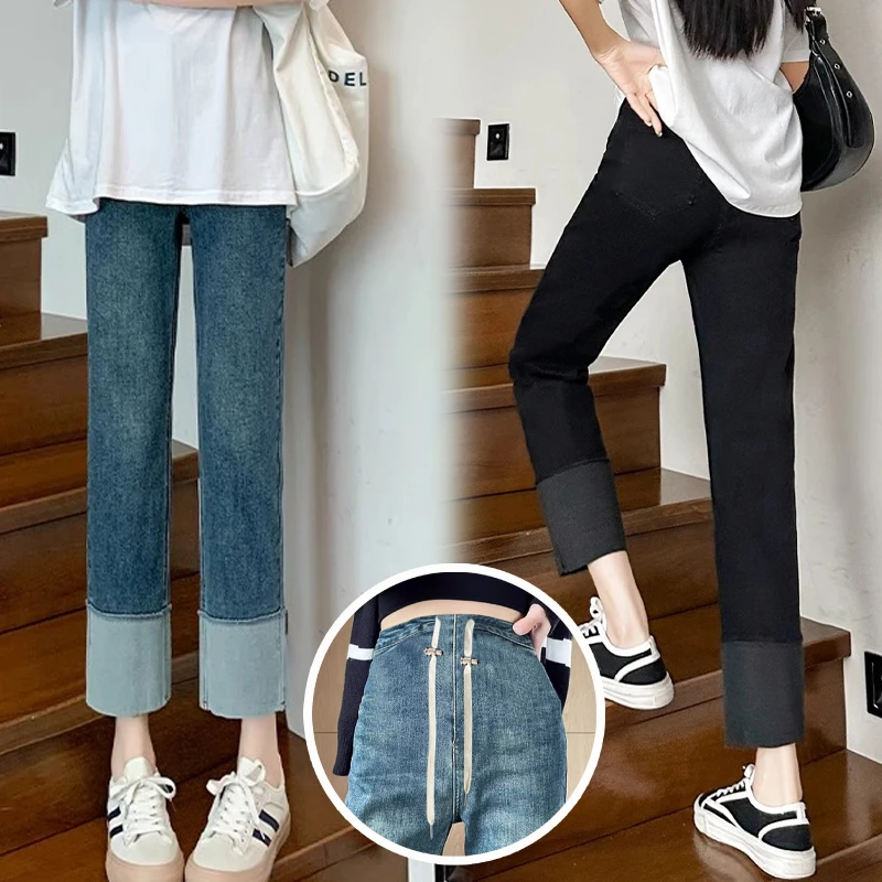 孕妇牛仔裤2025早春拼接弹力九分烟管裤无托腹抽绳小个子孕妇春装