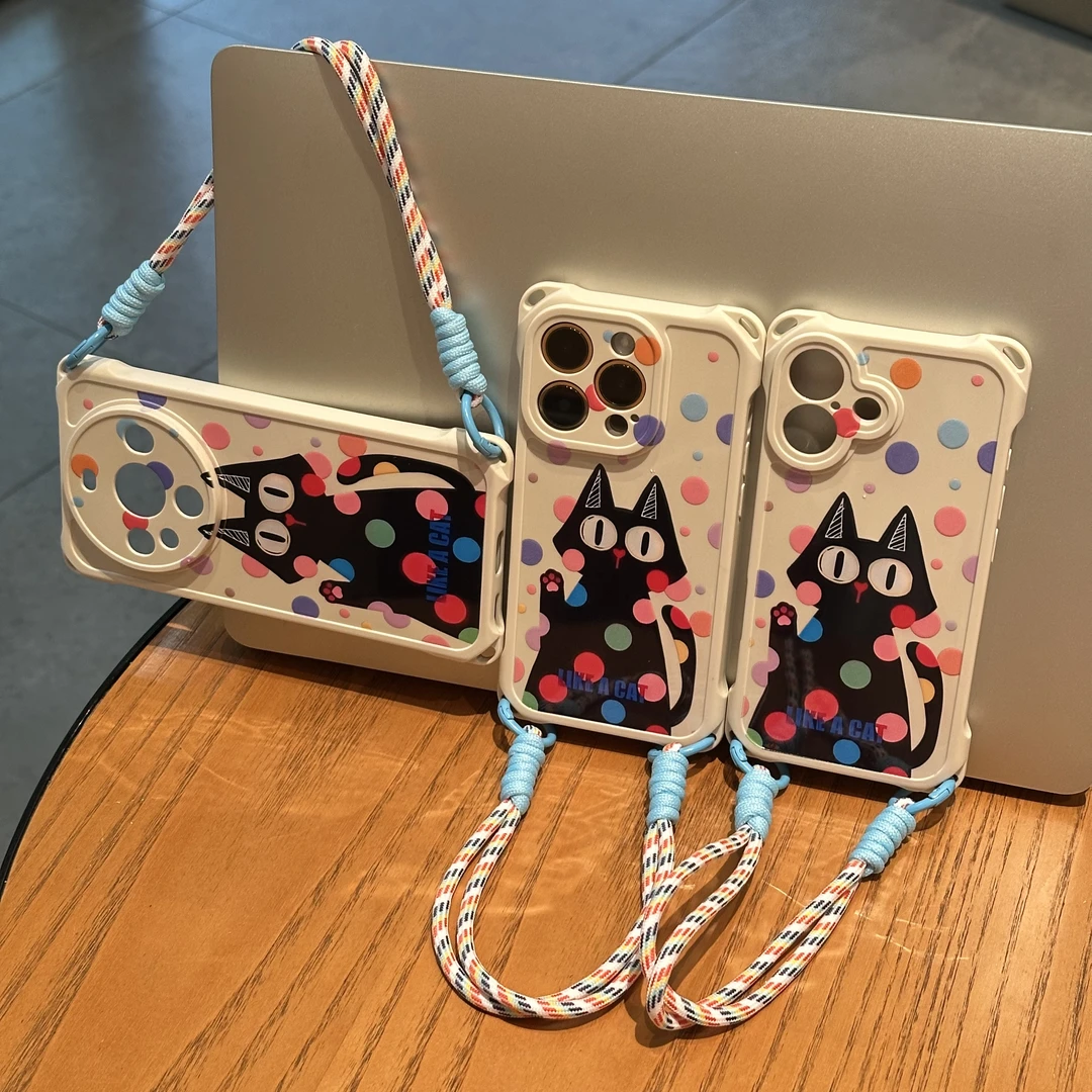 欧克里里彩色波点黑猫适用苹果16promax手机壳华为oppo小米15vivo