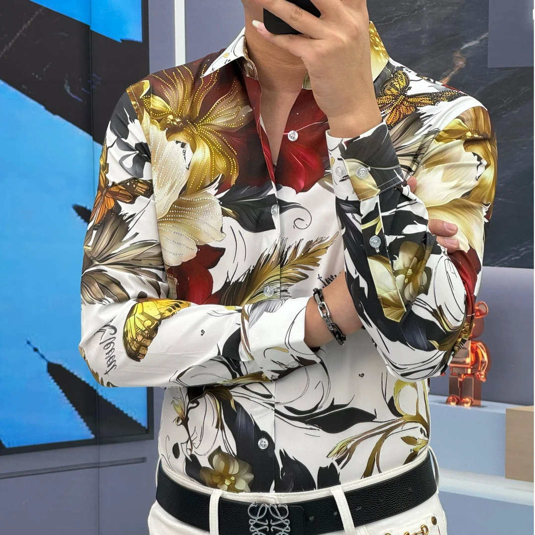 25春季（轩诚）蝴蝶烫钻印花休闲时尚个性百搭长袖衬衫82543男款