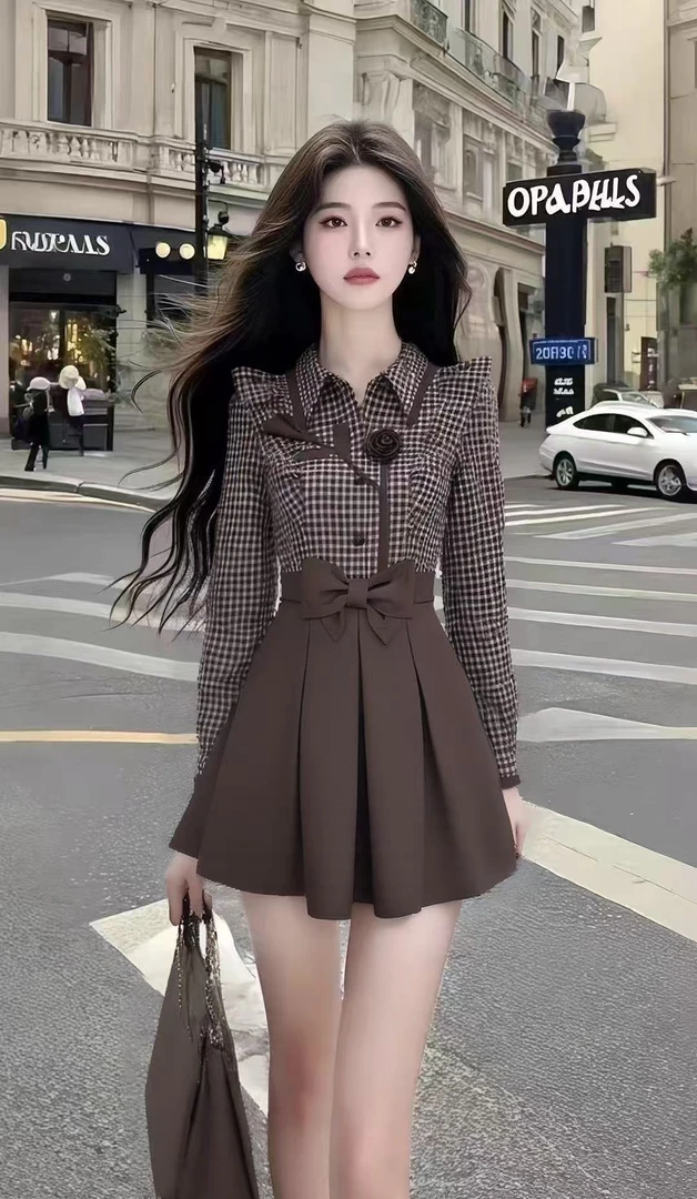 时尚新款休闲通勤风棕色翻领长袖收腰拼接连衣裙女显瘦气质短裙