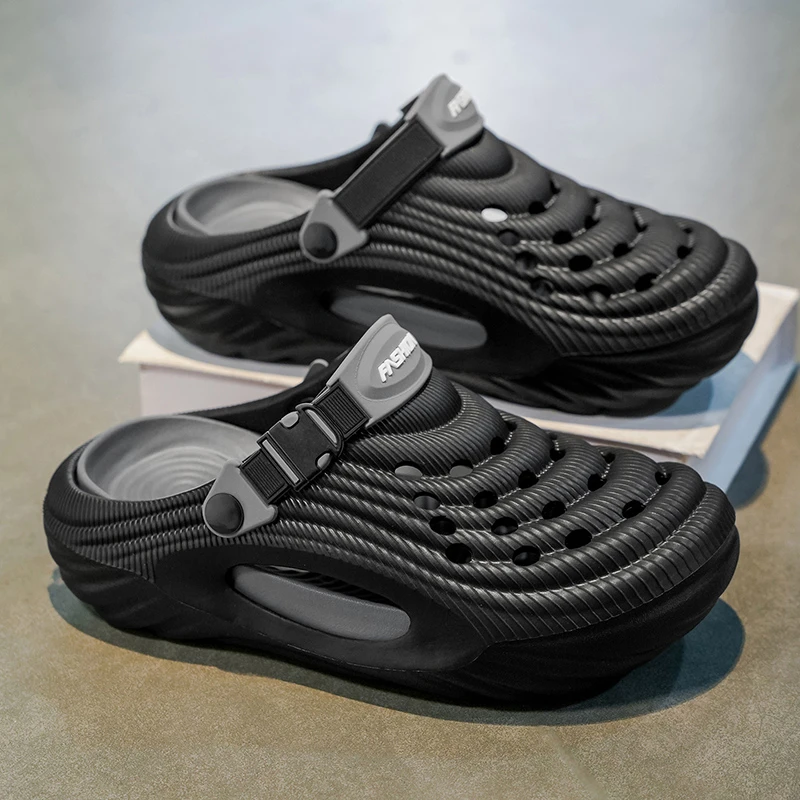 2025新款夏季男洞洞鞋外穿防滑防臭黑色拖鞋男士沙滩运动包头凉拖