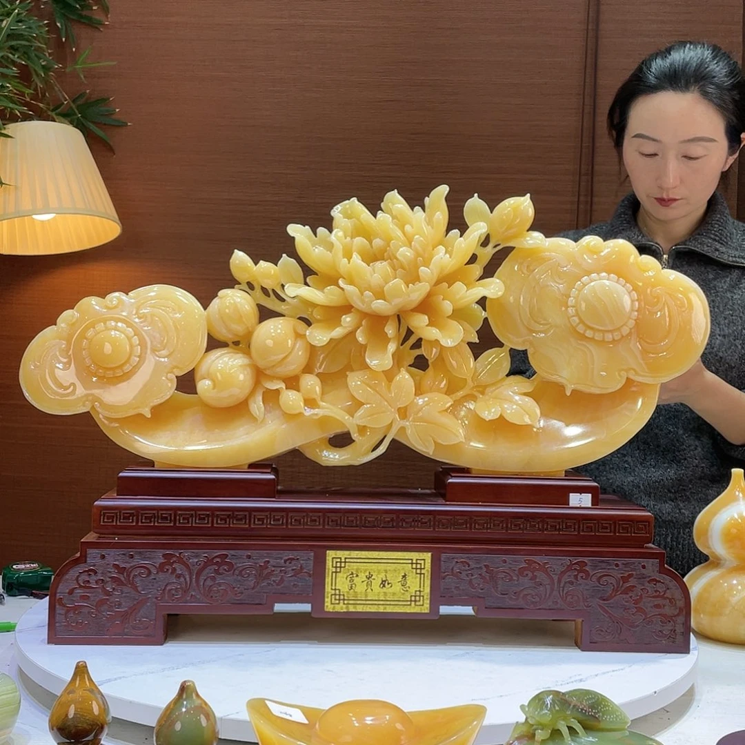 玉精品天然玉石如意牡丹花摆件