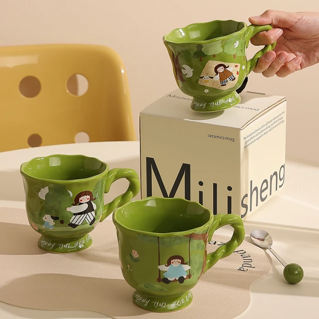 复古可爱女生马克杯伴手礼家用水杯办公室陶瓷咖啡杯高脚杯子礼盒