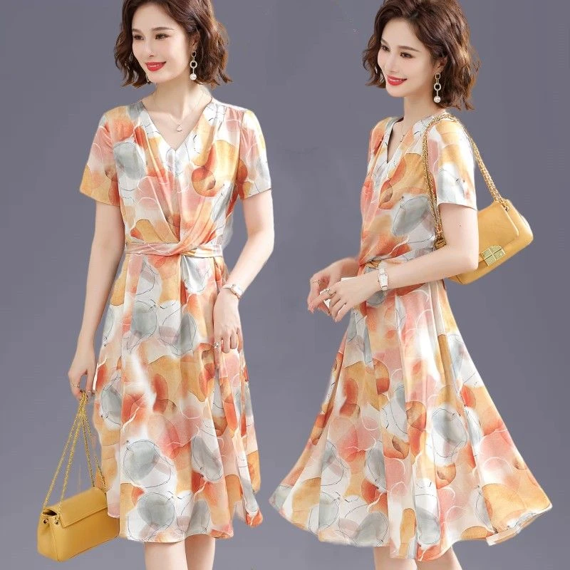 妈妈装夏季连衣裙收腰显瘦新款中年女夏装洋气长裙子母亲衣服