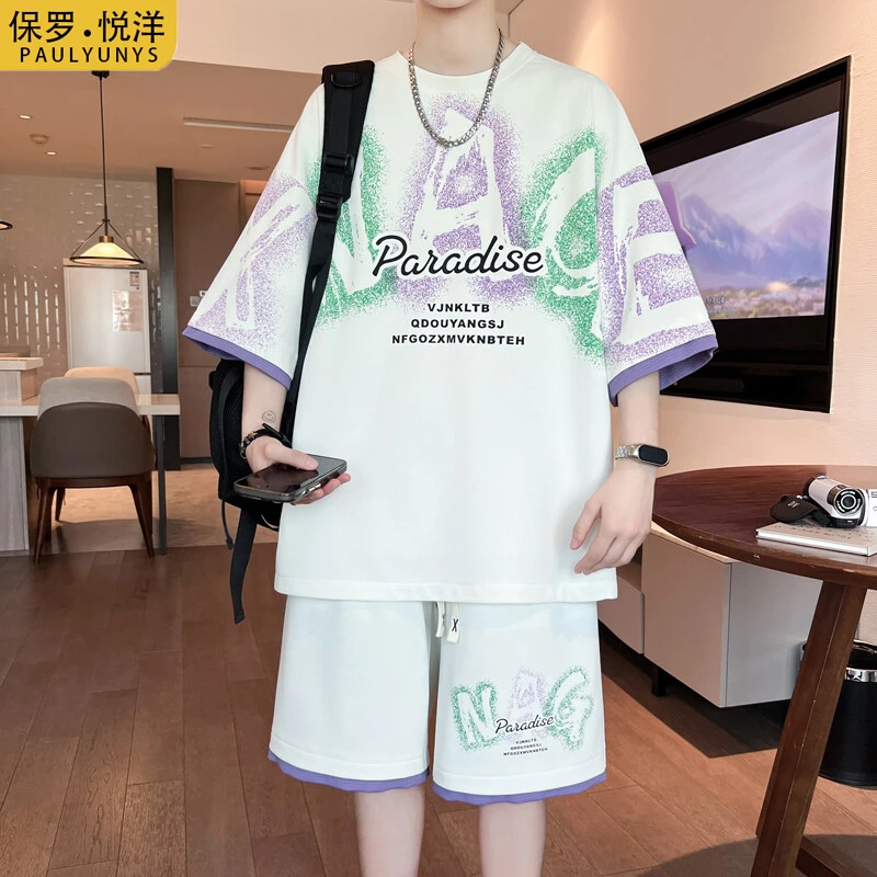 休闲运动套装男夏季潮牌印花短袖t恤青少年初中高中学生帅气夏装