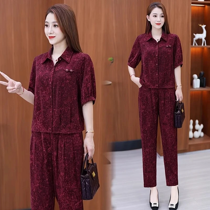 时尚休闲套装女2025夏季新款洋气显瘦宽松短袖上衣九分裤子两件套