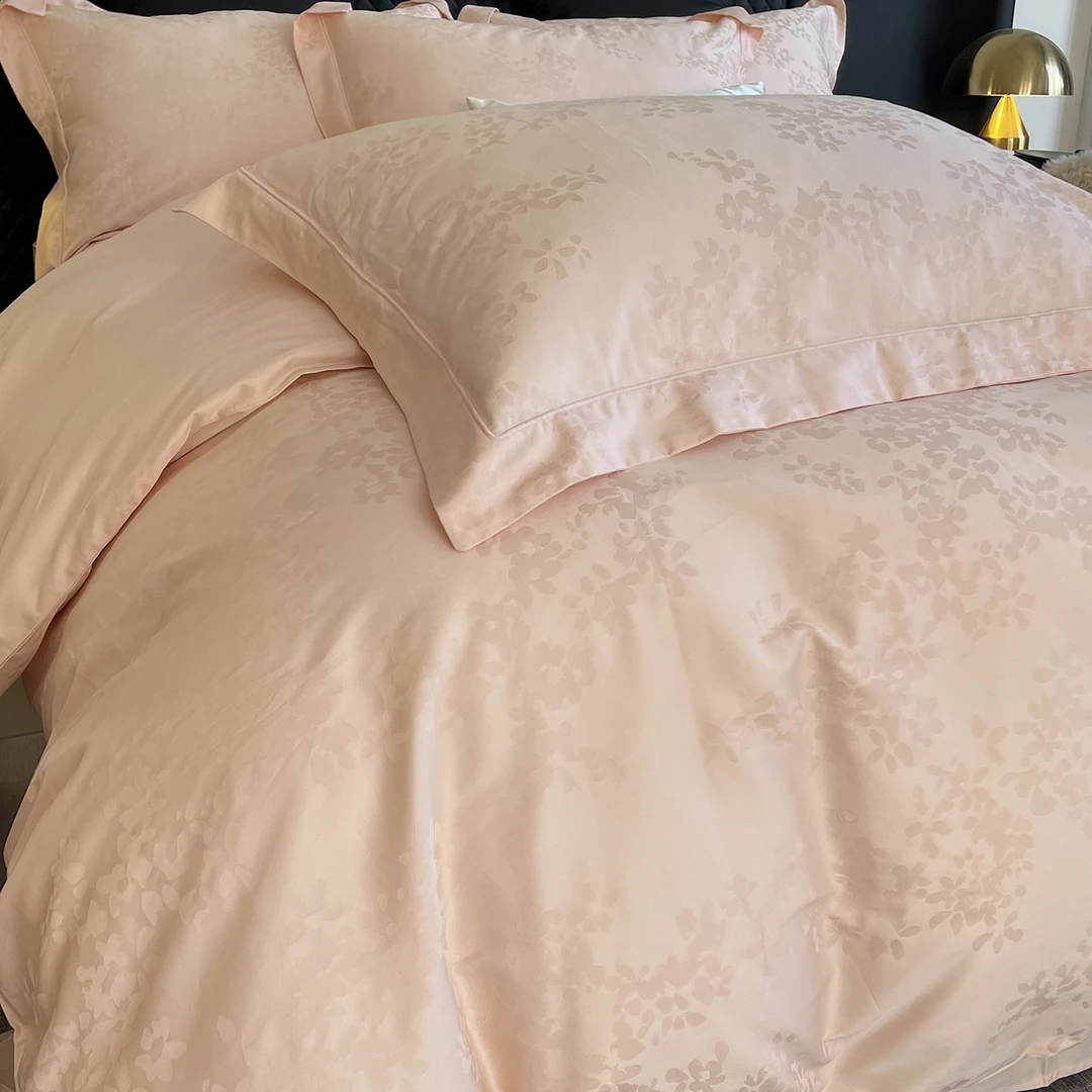 100%长绒棉全棉贡缎提花四件套粉色枕套床单床上用品被套床品轻奢