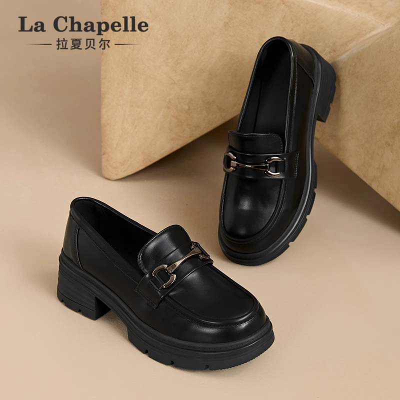 拉夏贝尔乐福鞋女一脚蹬女鞋女士单鞋黑色女款小皮鞋百搭软底鞋子