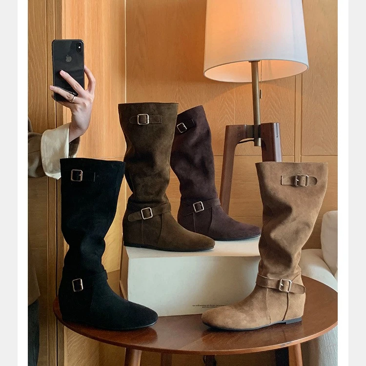 2025秋冬新款内增高5cm~ 韩系时髦扣带设计堆堆中筒靴瘦瘦靴女