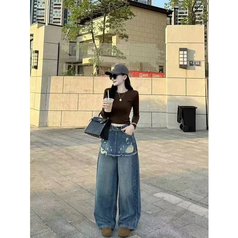 蕾丝拼接镂空上衣牛仔裤两件套女秋季新款设计感时尚减龄休闲套装