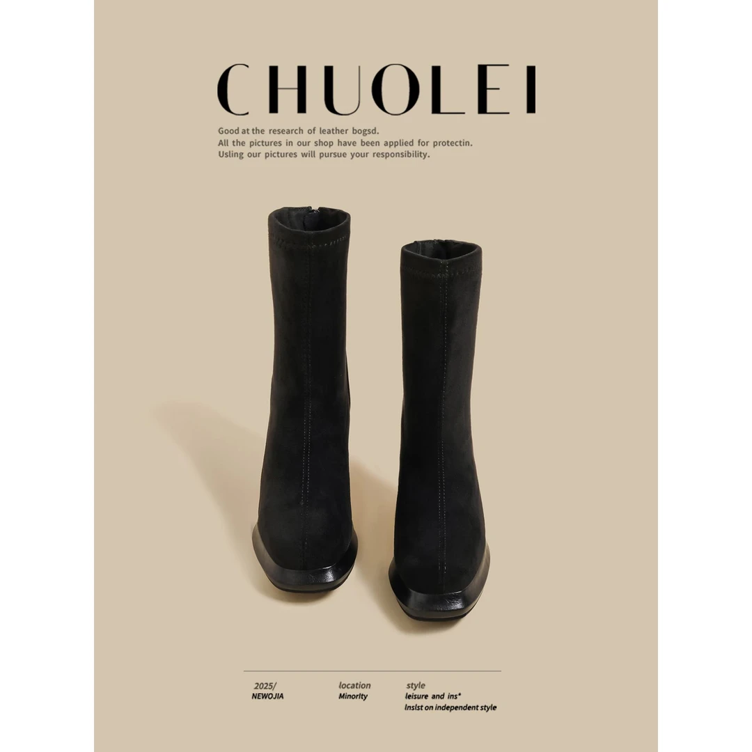 【CREW KNOW官方正品】2025秋冬季新款粗跟马丁靴女黑色覆古绒面高