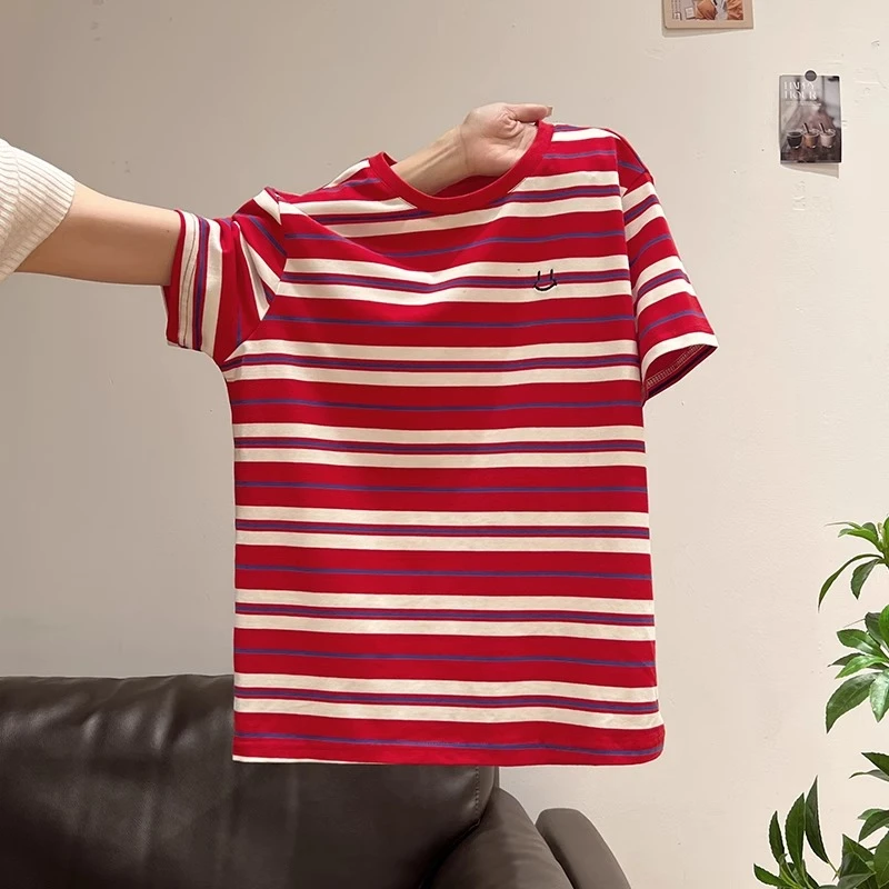 圆领正肩红白条纹宽松显瘦短袖t恤女2025夏季新款韩版休闲小上衣