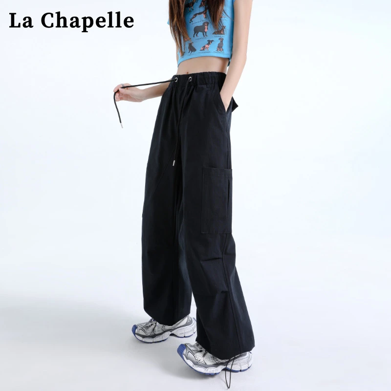 拉夏贝尔美式阔腿工装裤女2025春新款高腰宽松显瘦休闲拖地伞兵裤