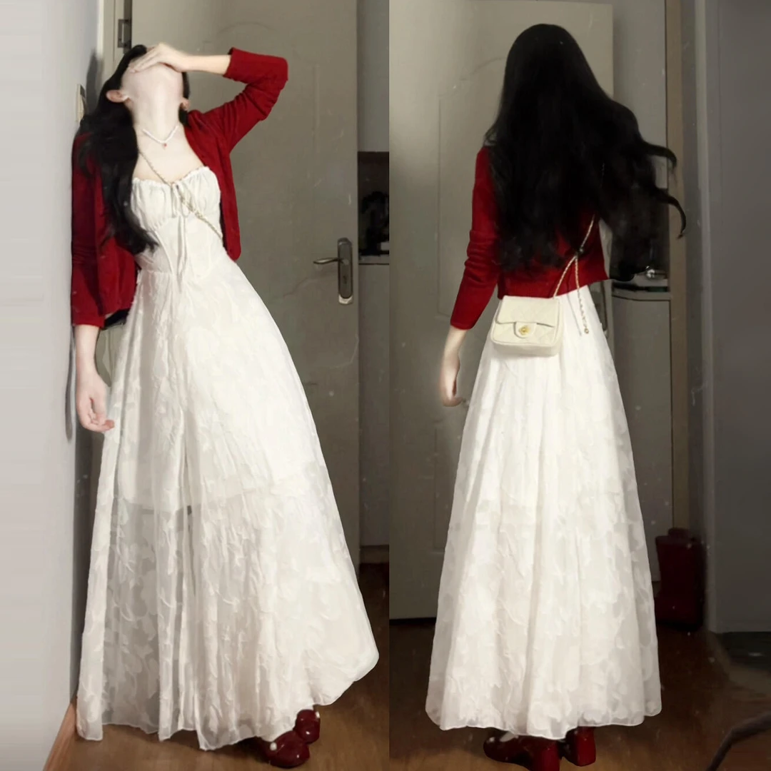 法式温柔风气质吊带连衣裙子女早秋出游氛围感巨好看收腰长裙套装