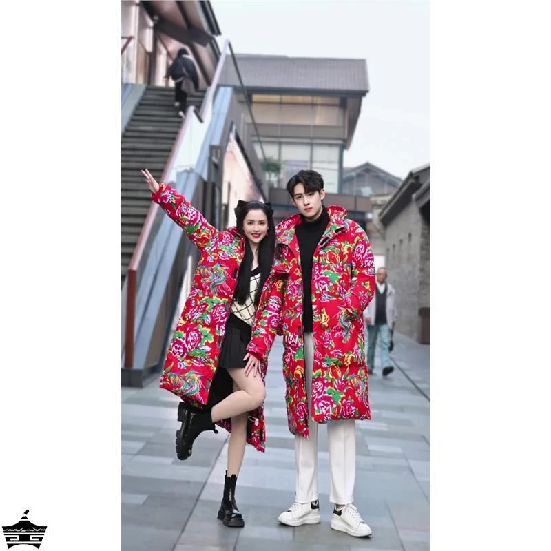 红路皇农村东北大花棉袄军冬大衣男款新中式国风保暖长版棉服外套