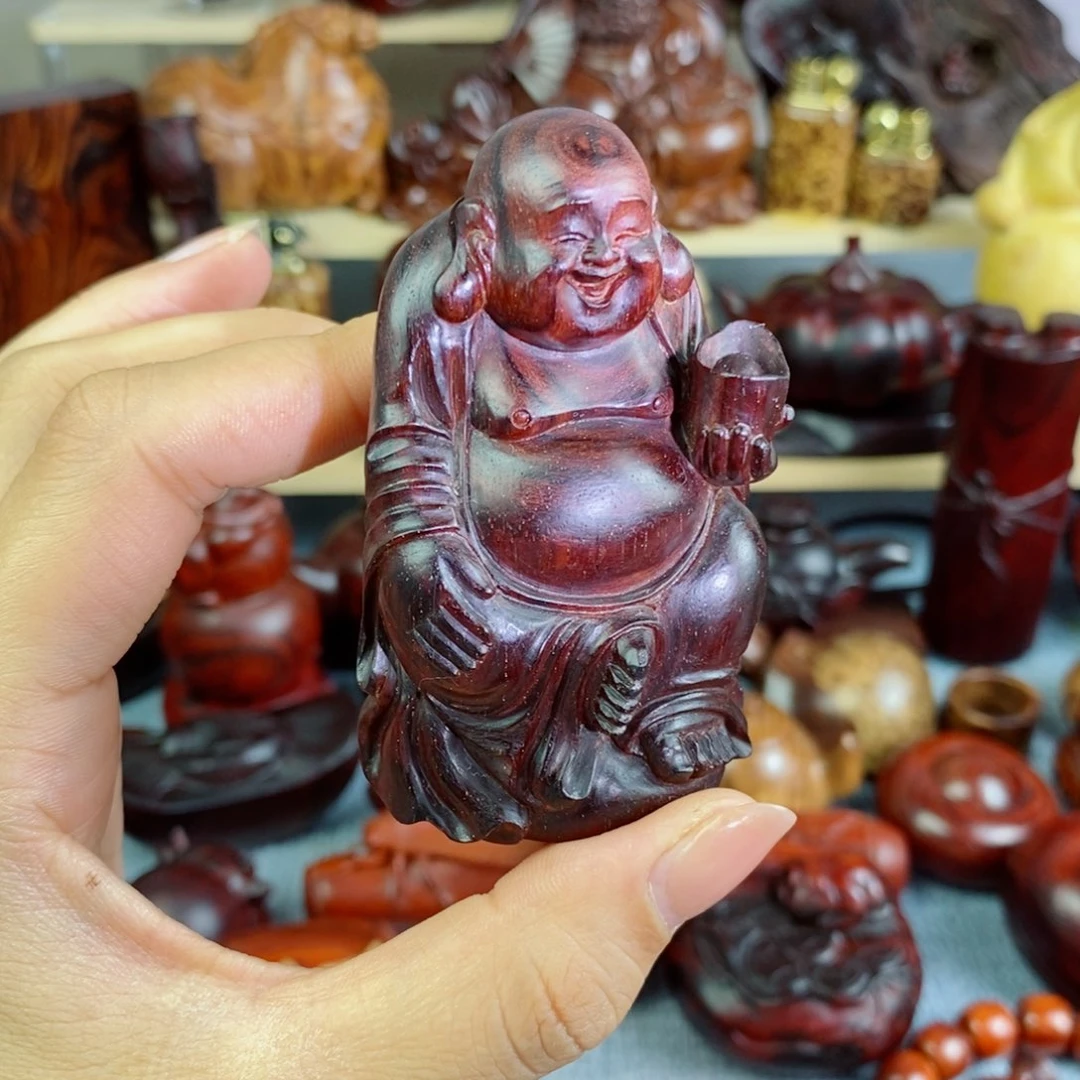 檀香木小叶紫檀弥勒佛手把件