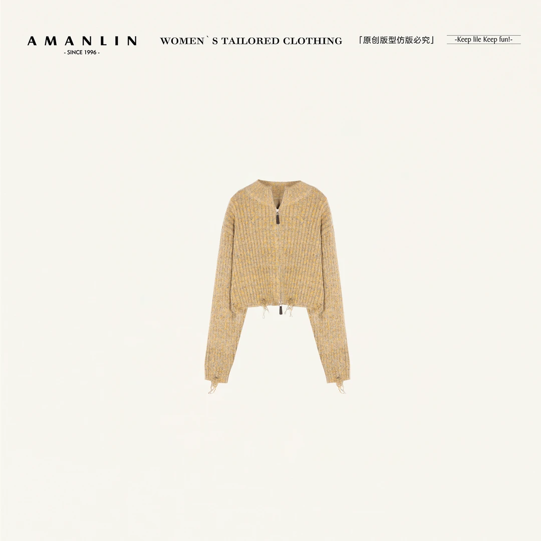 AMANLIN/阿谩琳琥珀流光亮闪闪翻领正肩修身毛衣外套上衣Y601622