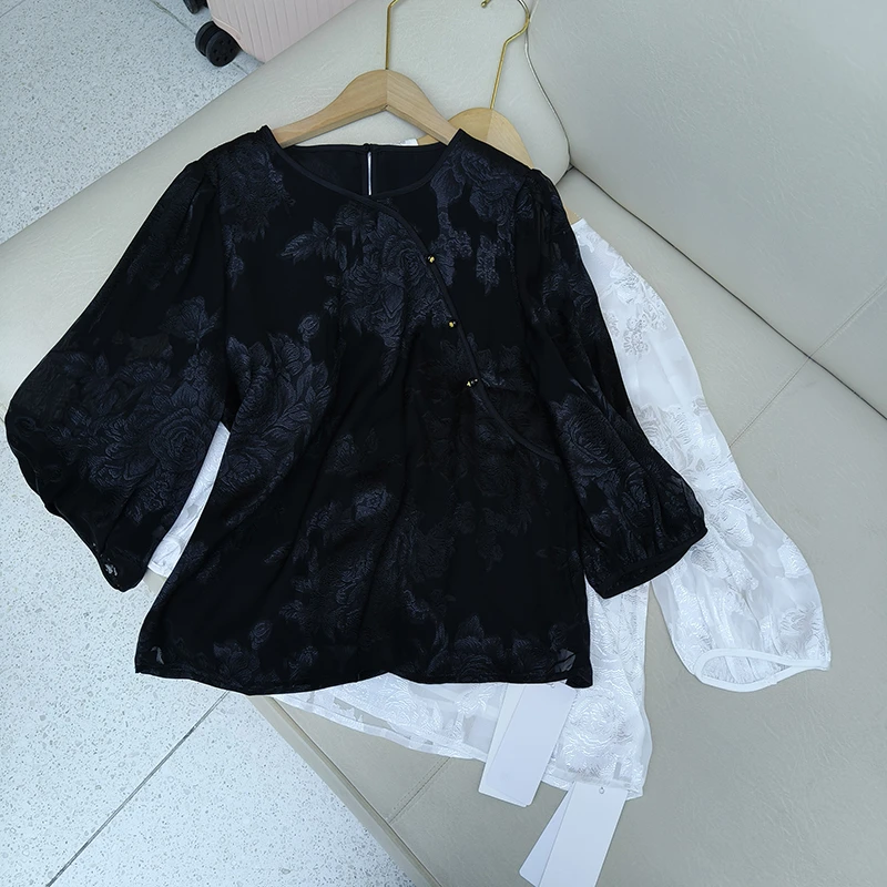 宝丫轻奢  女式优雅气质花卉灯笼袖衬衫K3565