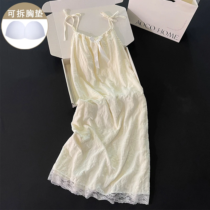 带胸垫睡衣睡裙女新款夏季吊带杏色蕾丝花边纯欲性感连衣裙家居服