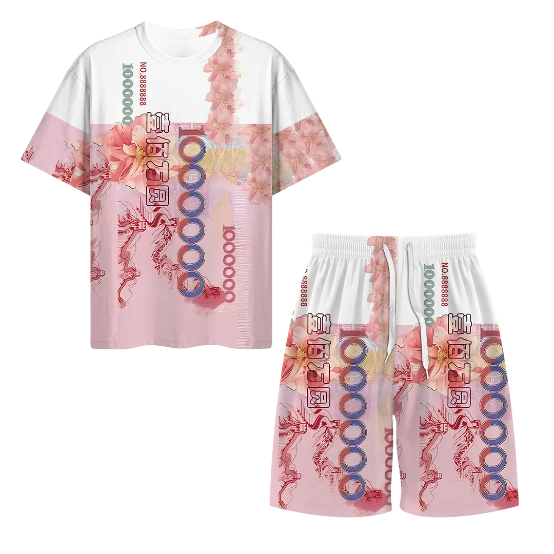 新款中国风人民币壹佰万套装男女印花短袖夏季学生宿舍搞怪社牛