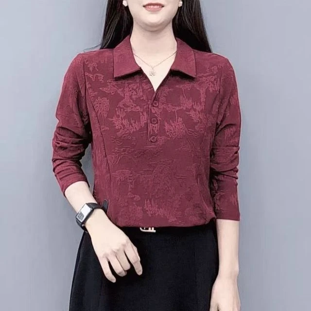 春季新款时尚翻领提花休闲减龄长袖小衫洋气气质显瘦打底妈妈上衣