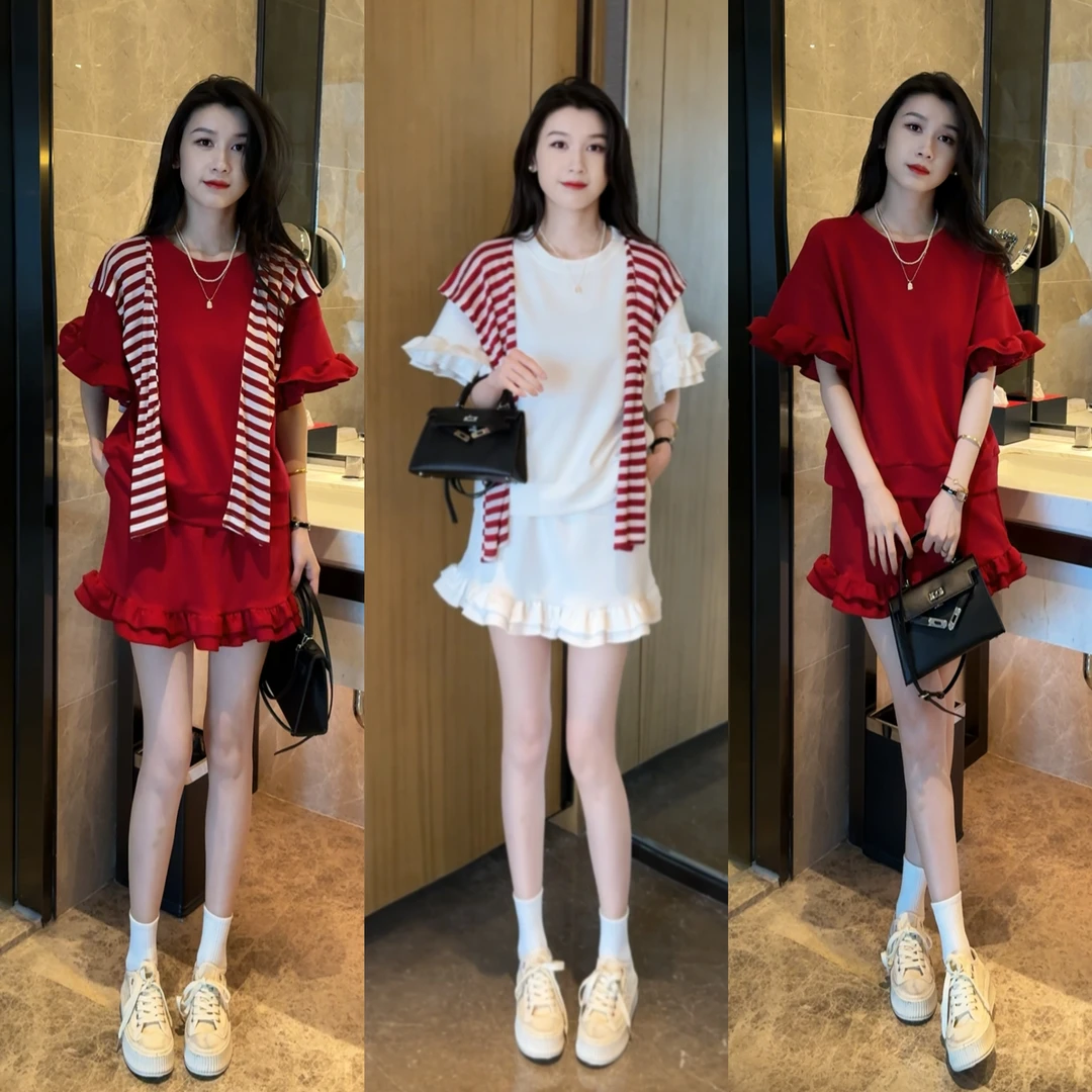 夏日清凉休闲宽松设计感蛋糕花边短袖T恤时尚套装纯色百搭短裙