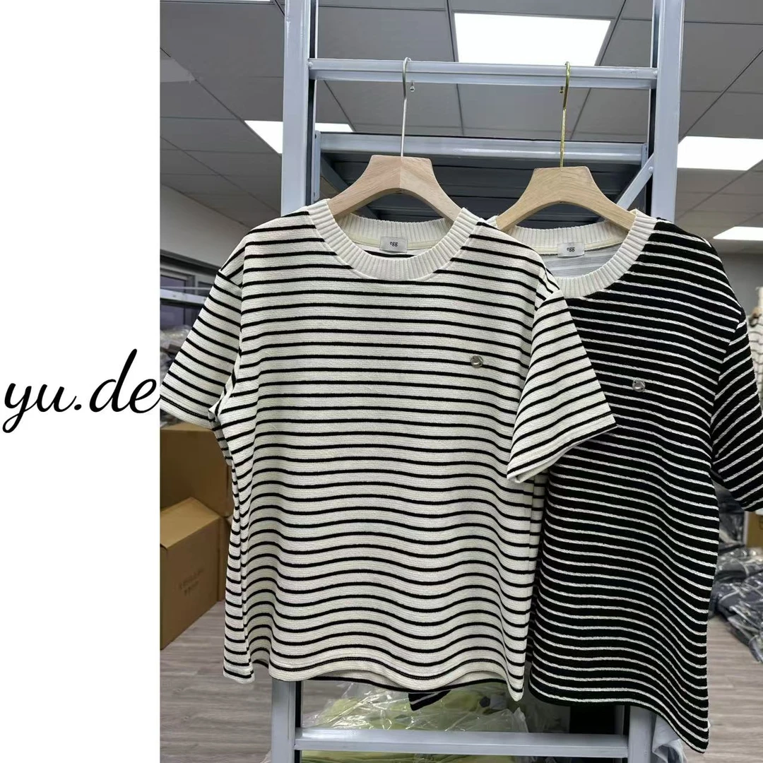 YD-[e*g条纹短袖]25春夏新款水波纹简约百搭园林短袖T恤女上衣