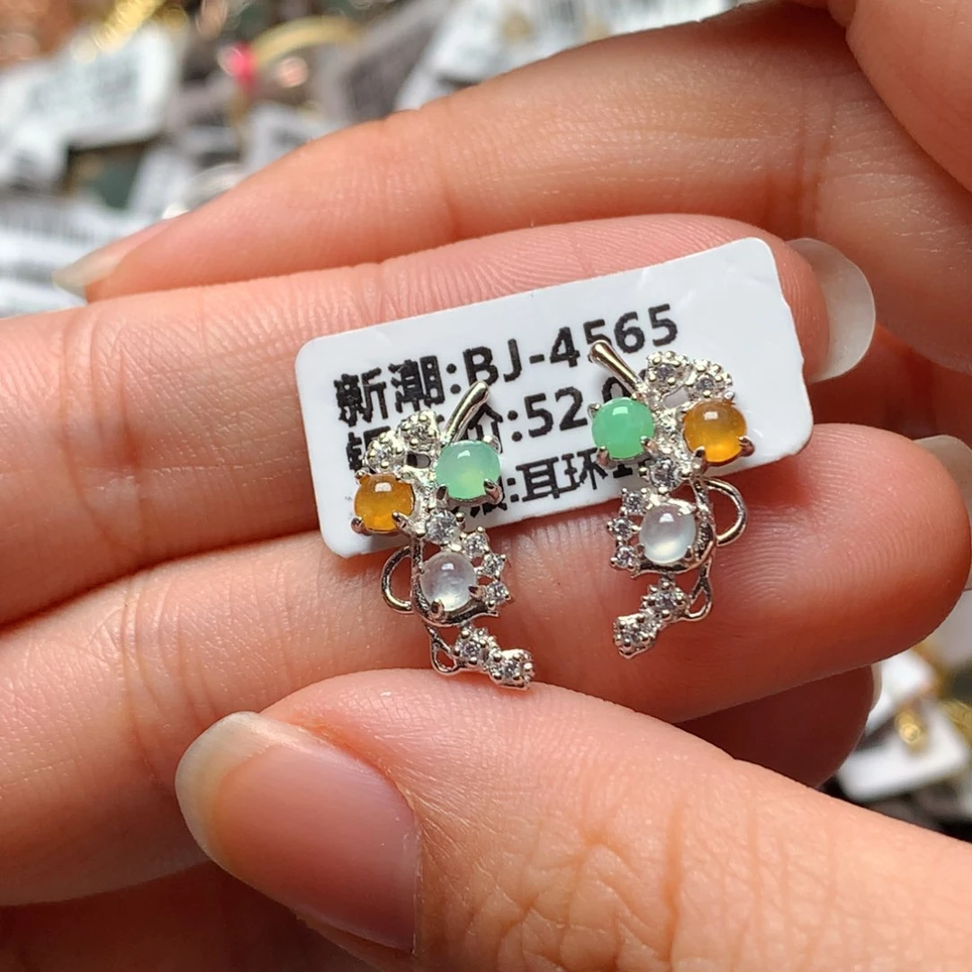 翡翠戒指银S925镶嵌天然翡翠耳饰