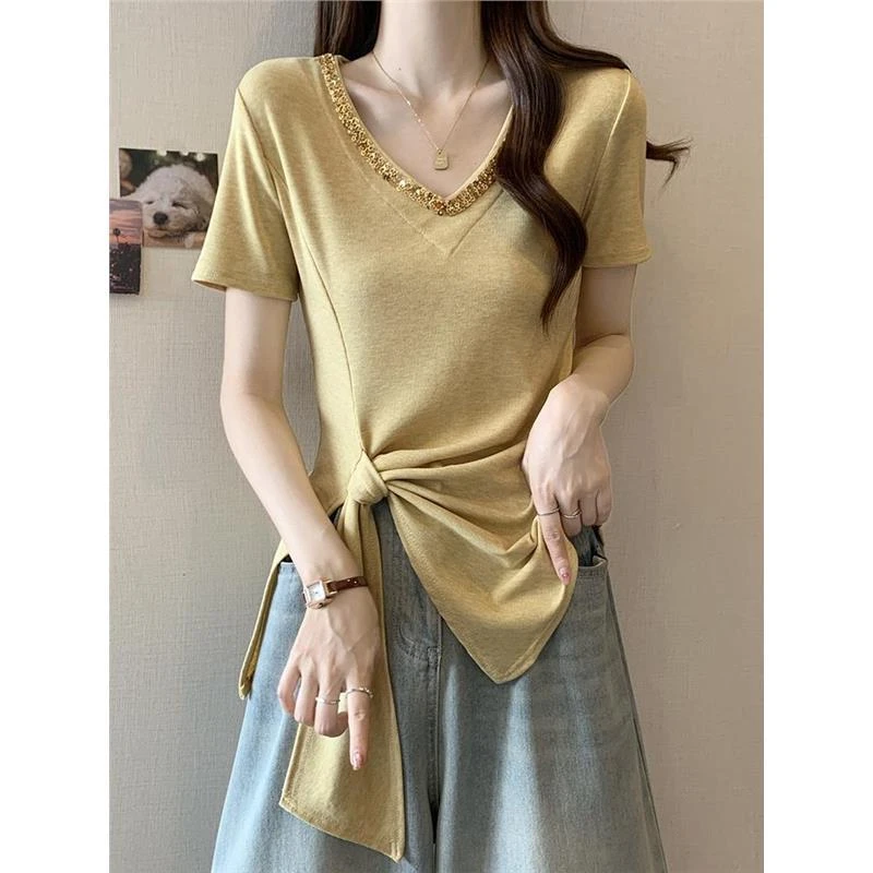 不规则v领正肩短袖女t恤夏大码胖mm显瘦遮肚子绑带收腰设计感上衣