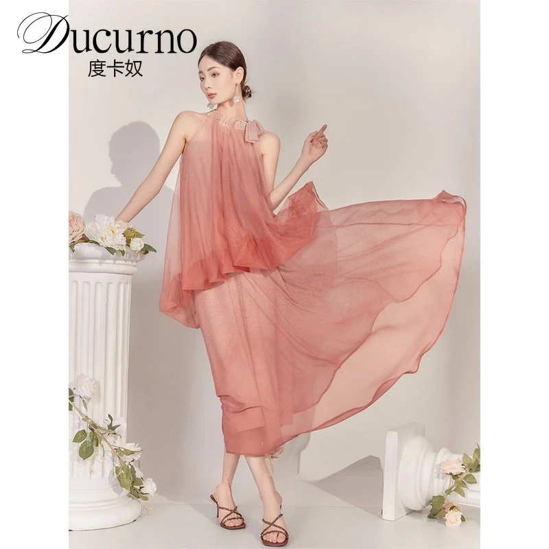轻奢时尚连衣裙女夏粉色气质高级法式礼服超仙长裙到脚踝超长款