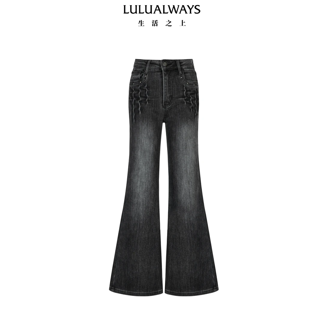 LULUALWAYS我爱露露25冬季新款复古高腰显瘦磨白加绒微喇牛仔裤女