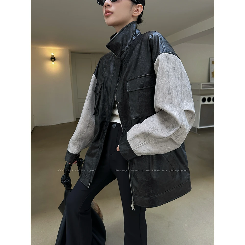 JCCC影子【头版日报】黑色肌理感PU拼接梭织多口袋夹克外套JE5AAW10