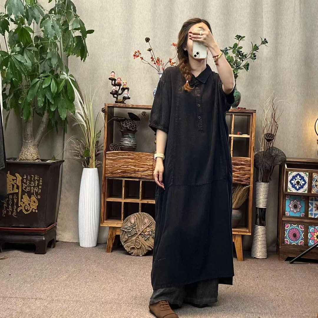 花璟与麻原创设计复古炒色半开襟连衣袍裙（衣长120胸围156）