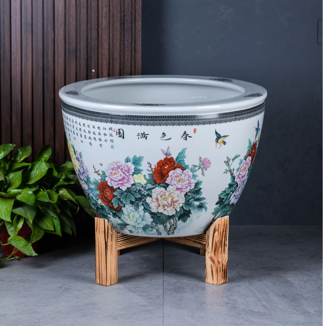 景德镇陶瓷鱼缸门海 平口花开富贵