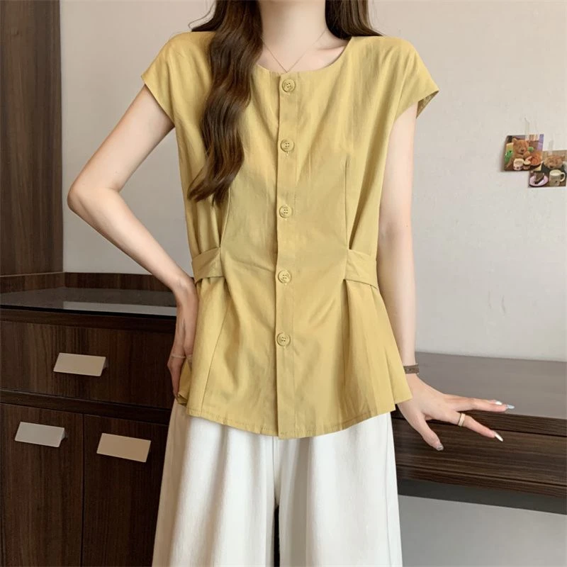 夏季新款设计感短袖衬衫2025圆领简约收腰显瘦