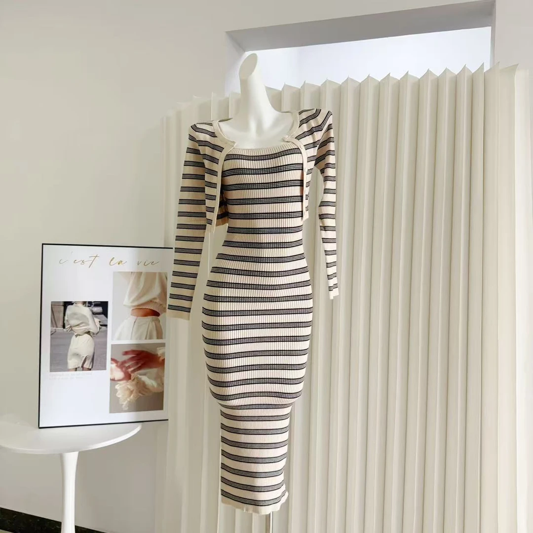 【条纹公式】韩系风纯欲高弹针织条纹吊带裙开衫两件套