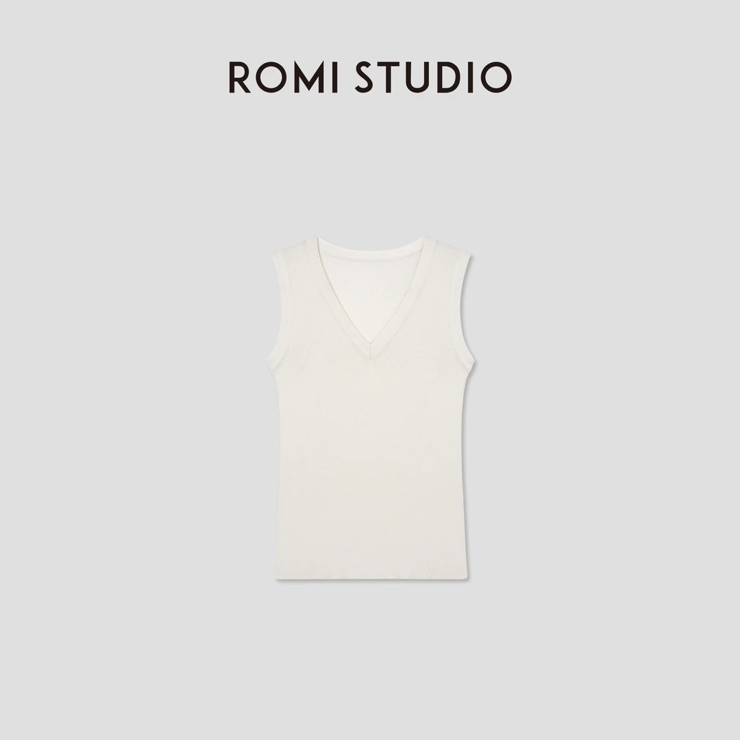 ROMI STUDIO桑蚕丝绵羊毛混纺经典老钱坑条V领毛织背心RWCSST2254