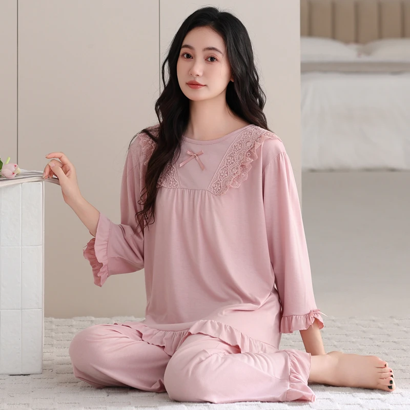 睡衣女夏季七分袖长裤纯棉新款女士宽松大码春秋季夏天薄款家居服