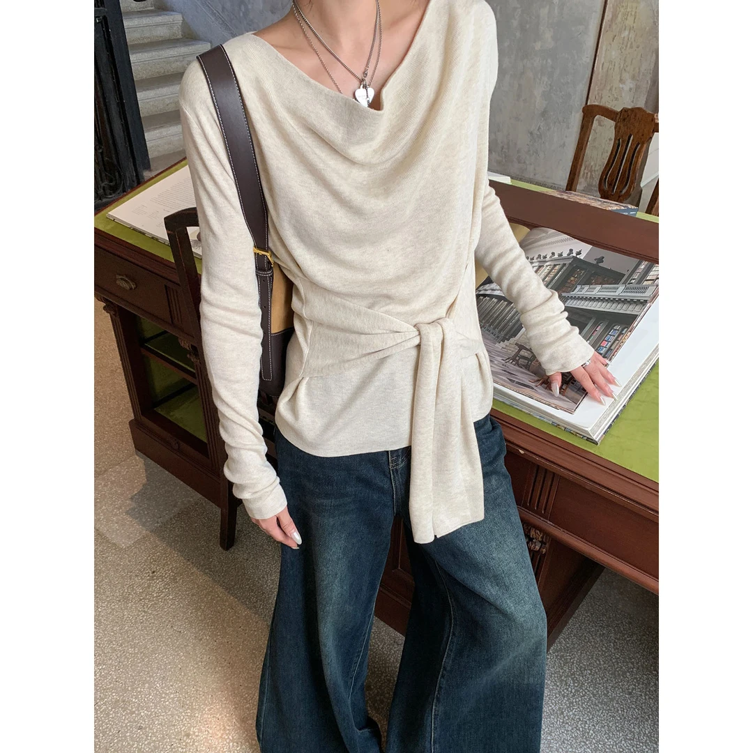 今年流行秋日韵味法式气质绑带收腰显白针织衫宽松上衣女