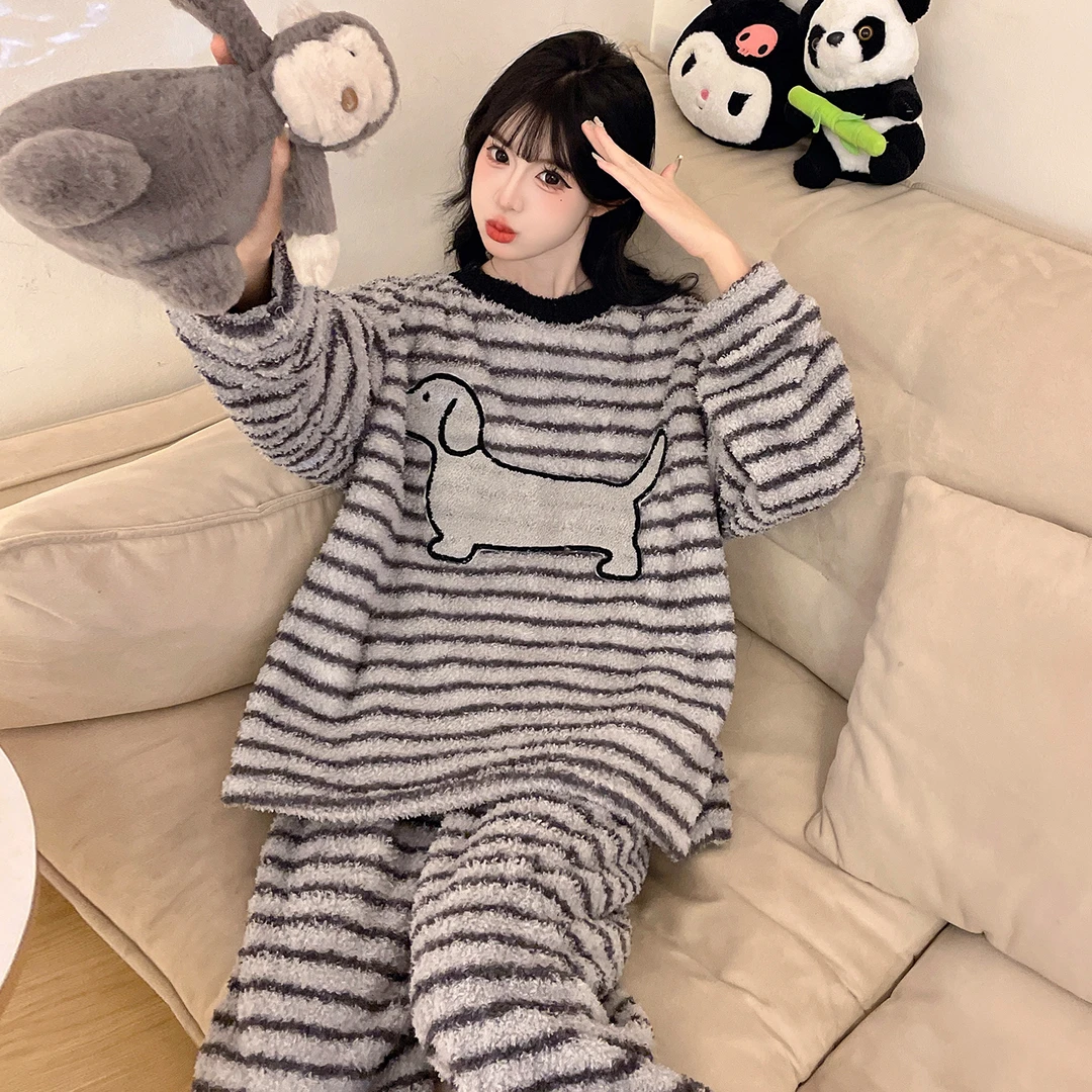 半边绒秋冬季睡衣女款爆款2025新款家居服珊瑚绒条纹加厚保暖套装