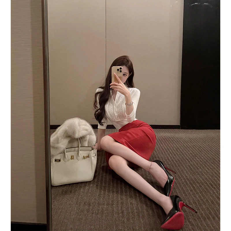 【慧智美人】优雅性感上衣轻熟御姐红色包臀半身裙套装女