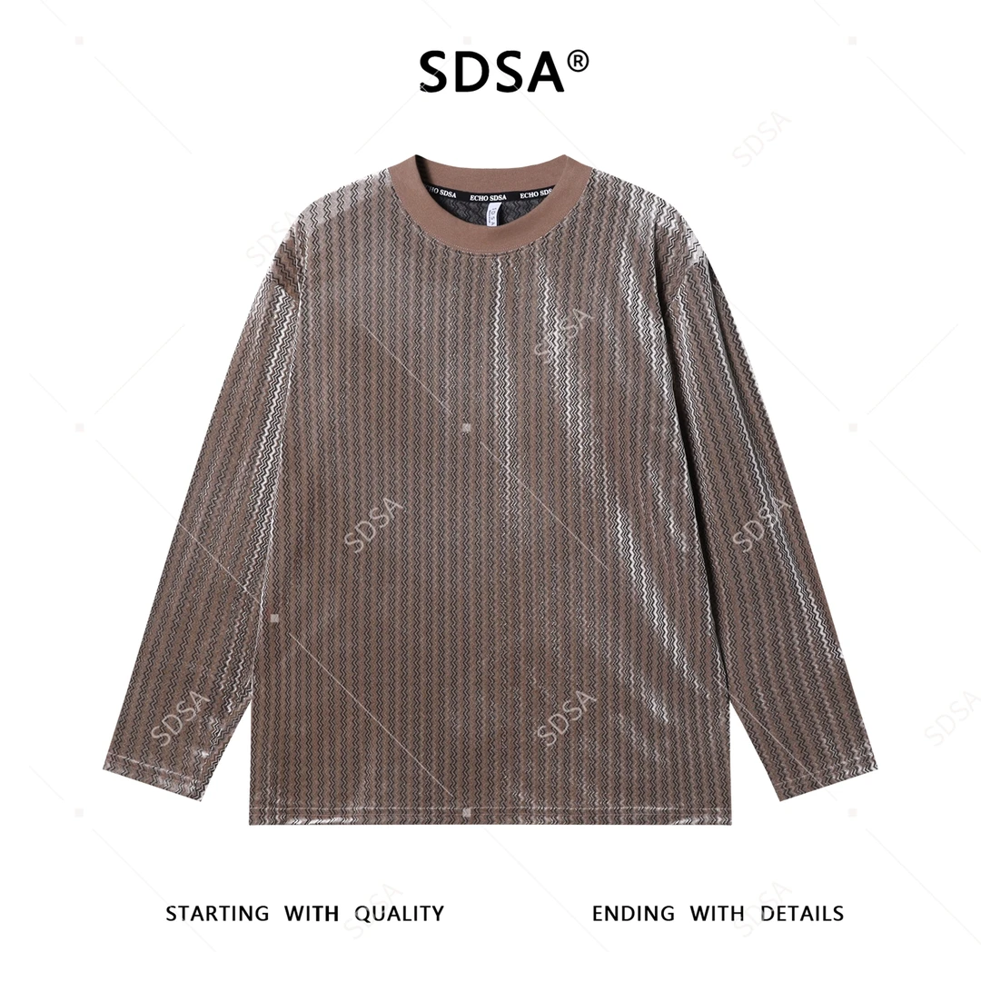 SDSA秋季新款男士痞帅波浪线条纹设计圆领长袖T恤百搭时尚上衣