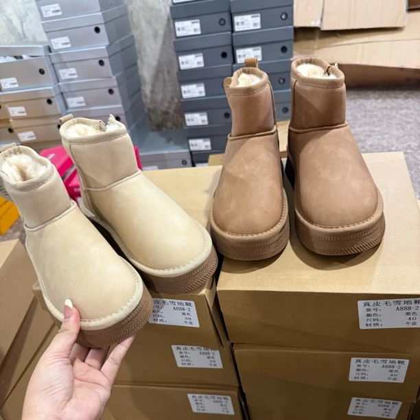 君君牛皮羊毛侧拉链雪地靴跟高3.5厘米a888-2