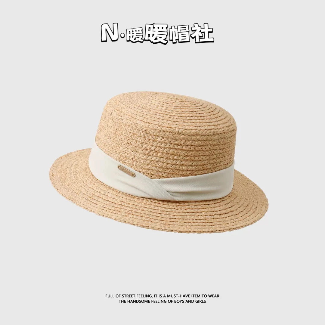 法式平顶赫本风拉菲草新款出游防晒草编礼帽夏季度假沙滩帽百搭