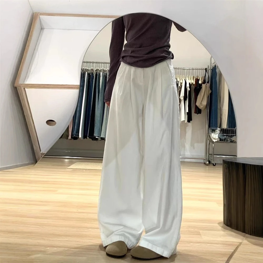 大码胖mm白色褶皱阔腿牛仔裤女秋季新款高腰千金清冷感贵系衣服