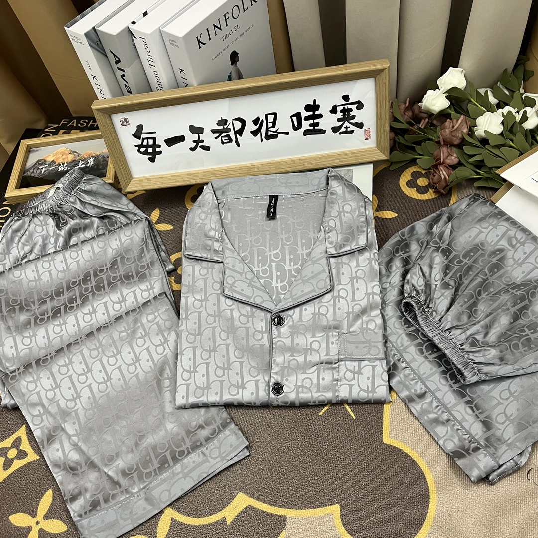 藏蓝色鱼骨纹男款台州冰丝睡衣短袖短裤长裤套装