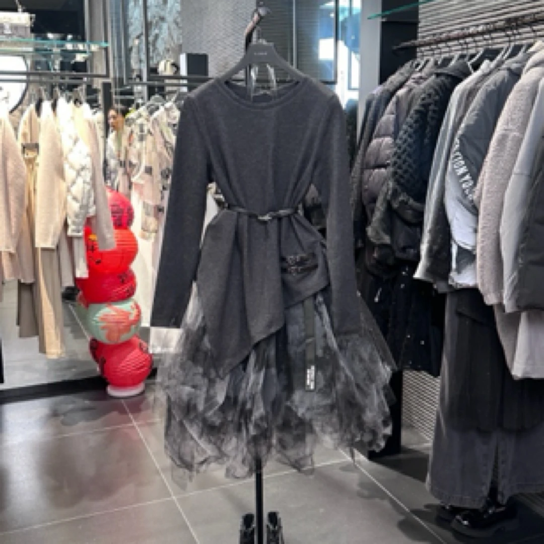 sdeer圣迪奥时尚休闲百搭气质圆领网纱拼接印花连衣裙S20481223