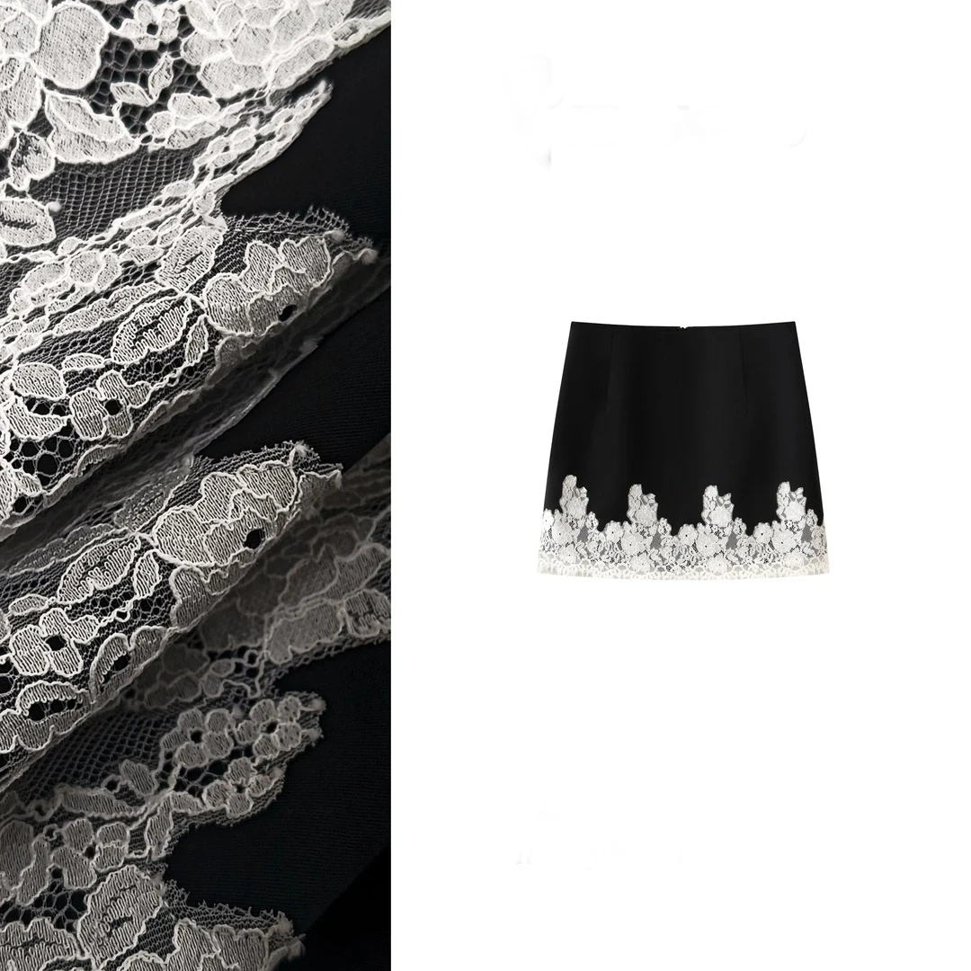 2025夏季新品法式精致优雅设计感蕾丝撞色高腰半身裙小个子时尚裙