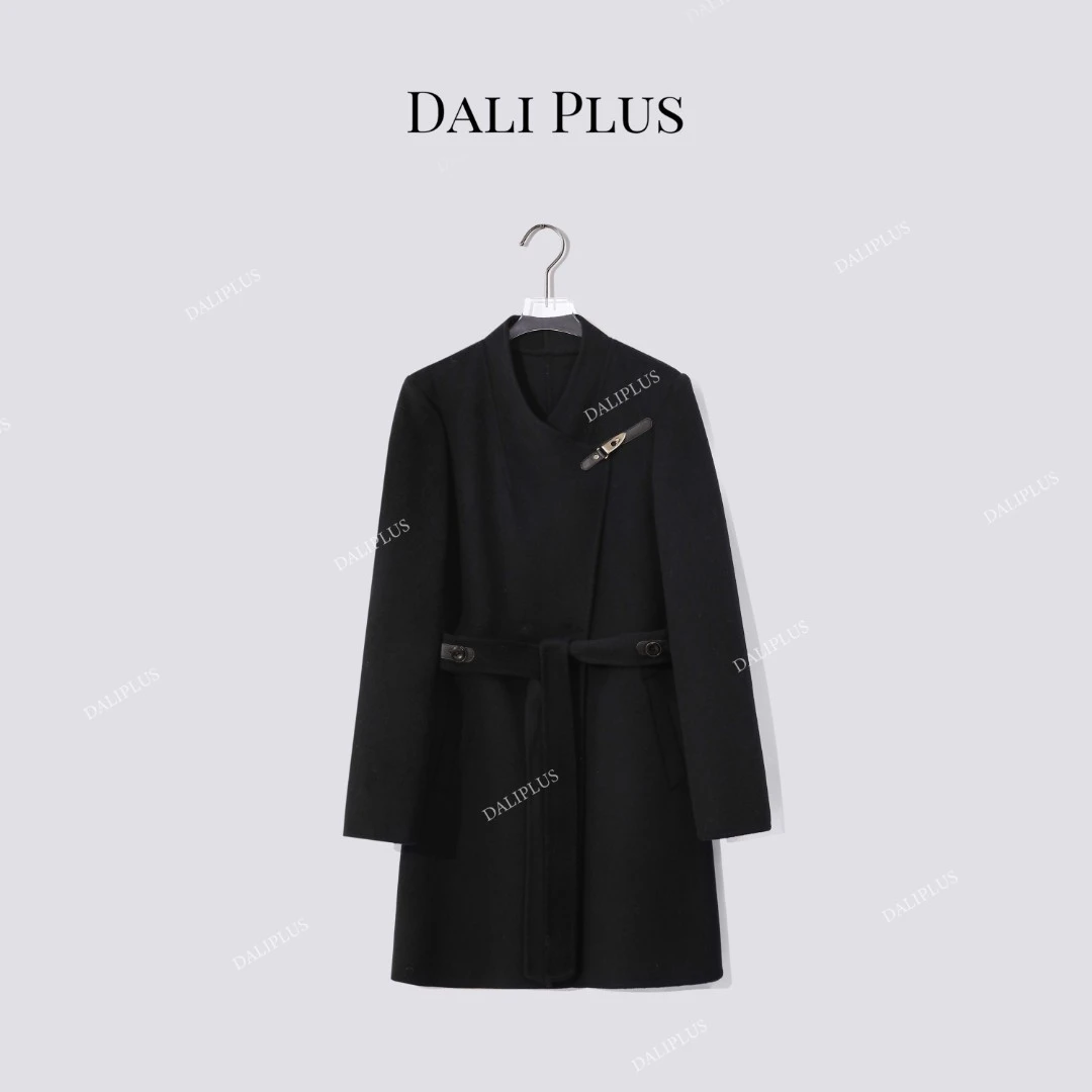 DALI PLUS“羊绒羊毛拼羊皮”收腰系带双面呢大衣-D5MM3032